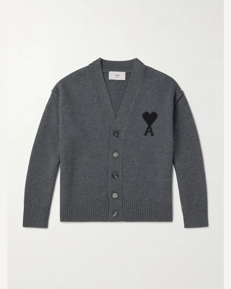 AMI Paris Cardigan aus Schurwolle mit Intarsienlogomotiv Grau