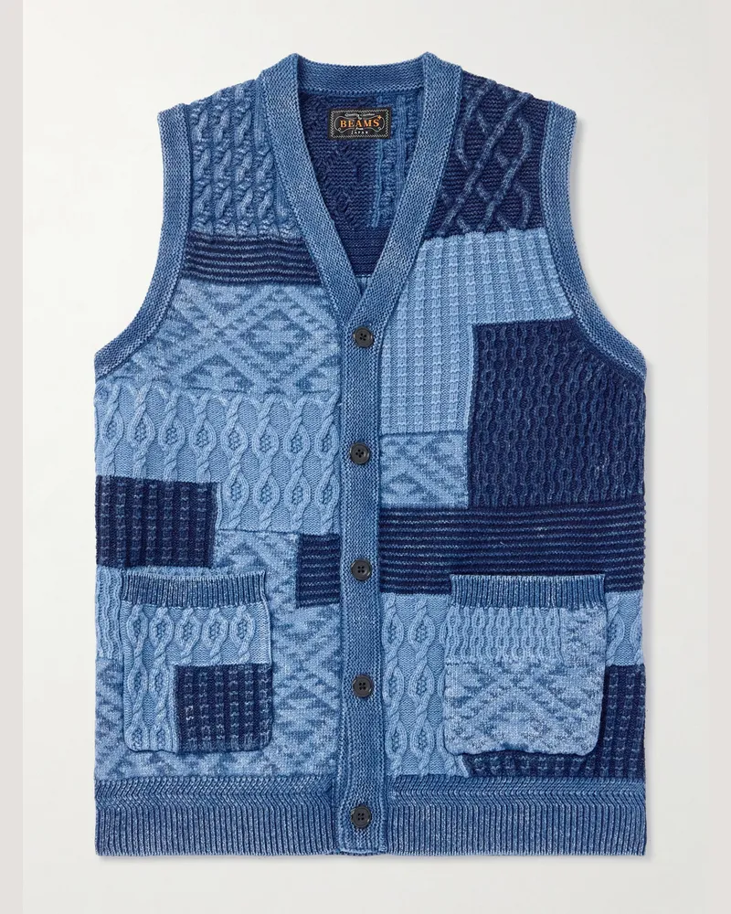 Beams Plus Patchwork Indigo-Dyed Cotton Sweater Vest Blue