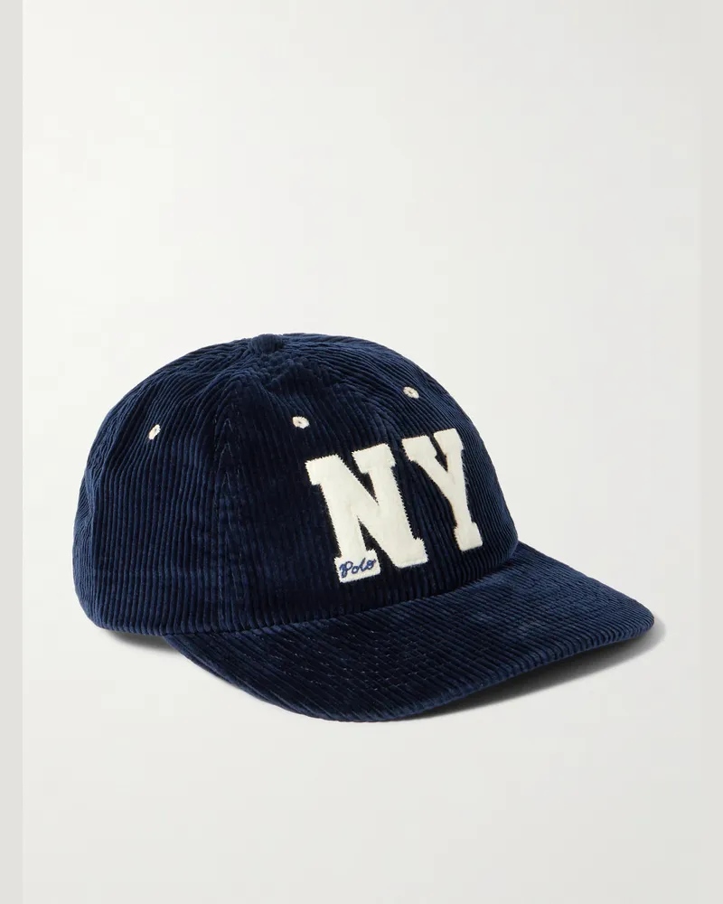 Ralph Lauren Logo-Appliquéd Cotton-Corduroy Baseball Cap Blue