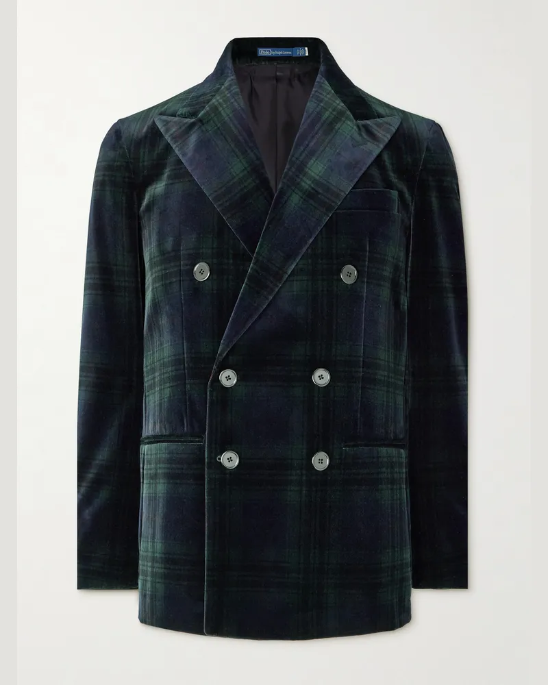Ralph Lauren Double-Breasted Checked Cotton-Velvet Blazer Black