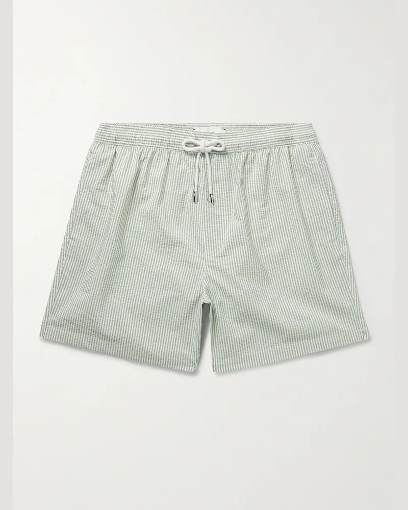 MR P. Gerade geschnittene mittellange Badeshorts aus gestreiftem Seersucker Grün