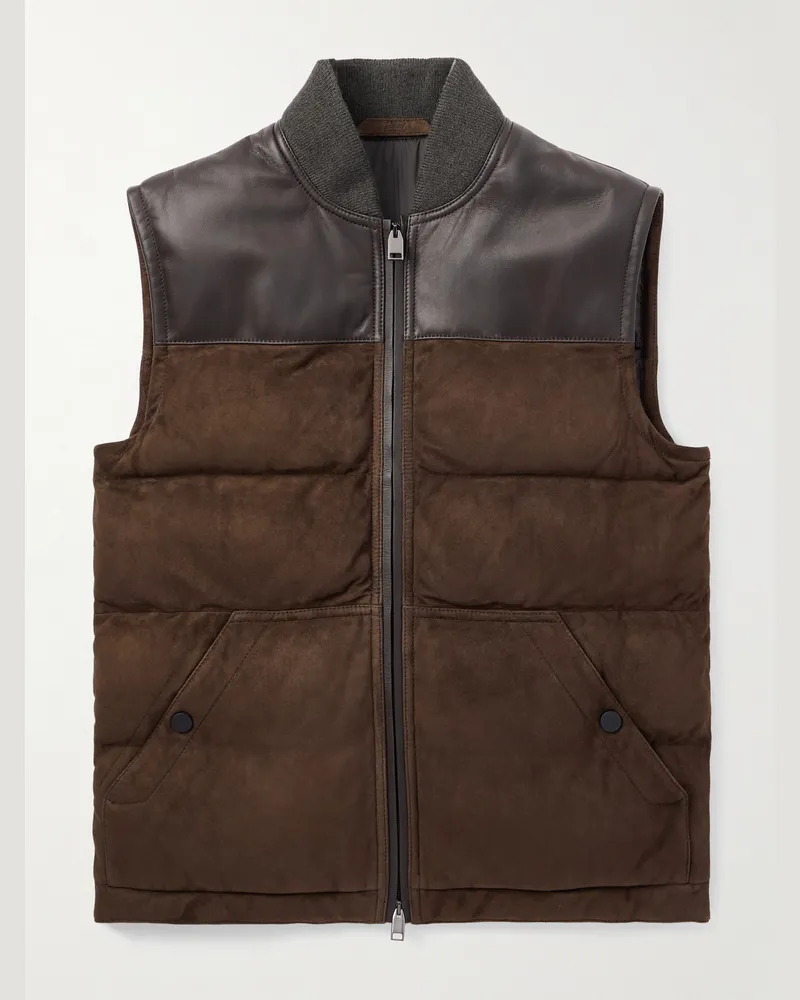 Brioni Steppweste aus wattiertem Veloursleder mit Lederbesatz Braun