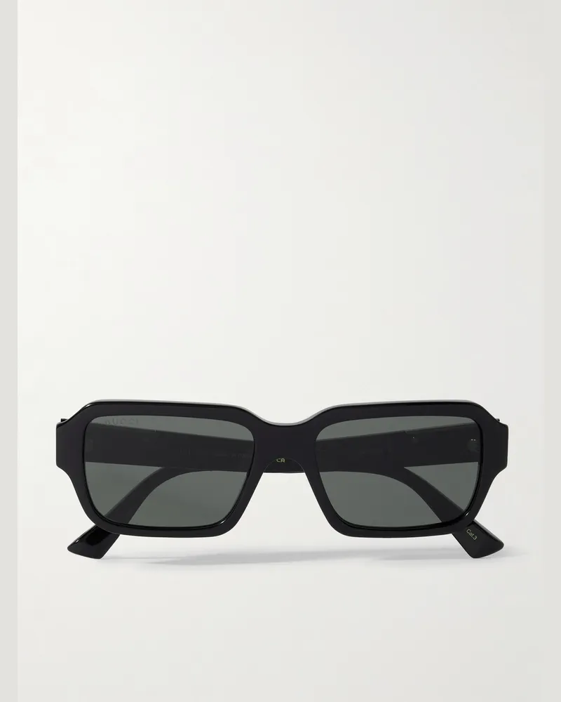 Gucci Sonnenbrille mit rechteckigem Rahmen aus recyceltem Azetat mit silberfarbenen, emaillierten Details Schwarz