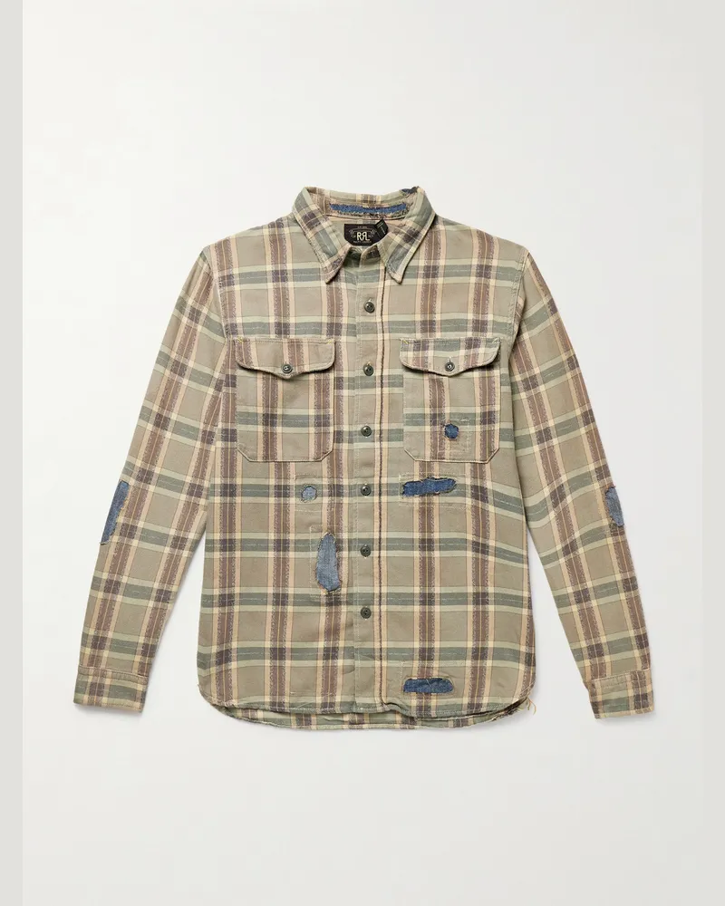 RRL Wilbur Hemd aus kariertem Baumwollflanell mit Denim-Besatz Grün