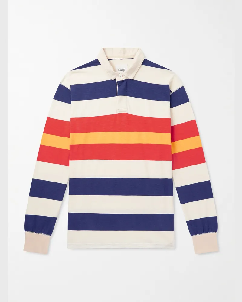 Drake's Striped Cotton-Jersey Polo Shirt Blue
