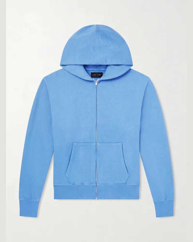 LES TIEN Garment-Dyed Cotton-Jersey Zip-Up Hoodie Blue
