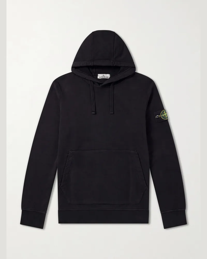 Stone Island Logo-Appliquéd Garment-Dyed Cotton-Fleece Hoodie Black