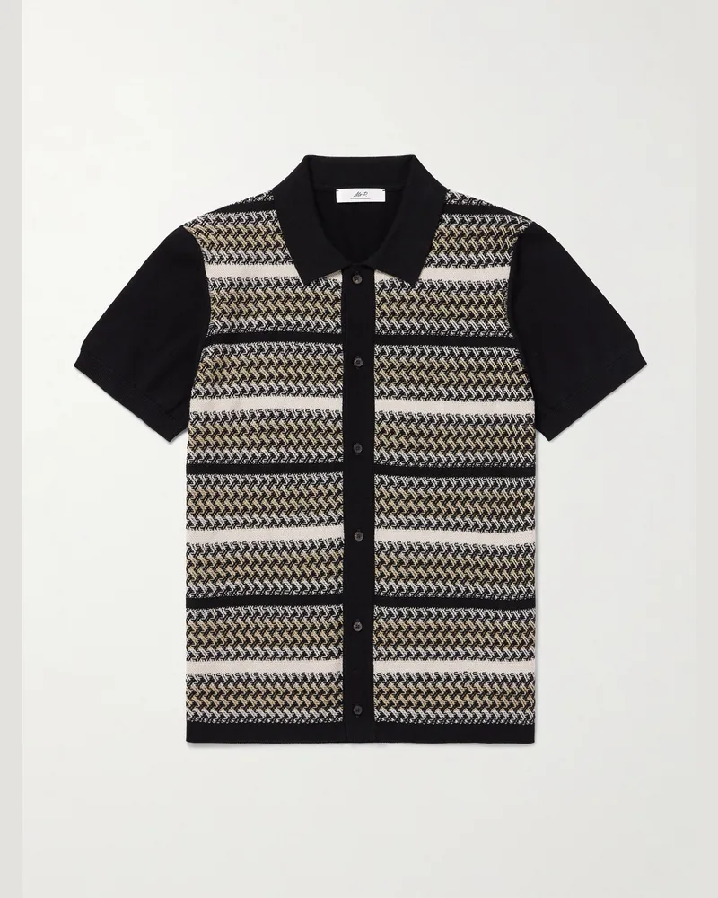 MR P. Gestreiftes Hemd aus Jacquard-Strick aus Biobaumwolle Schwarz