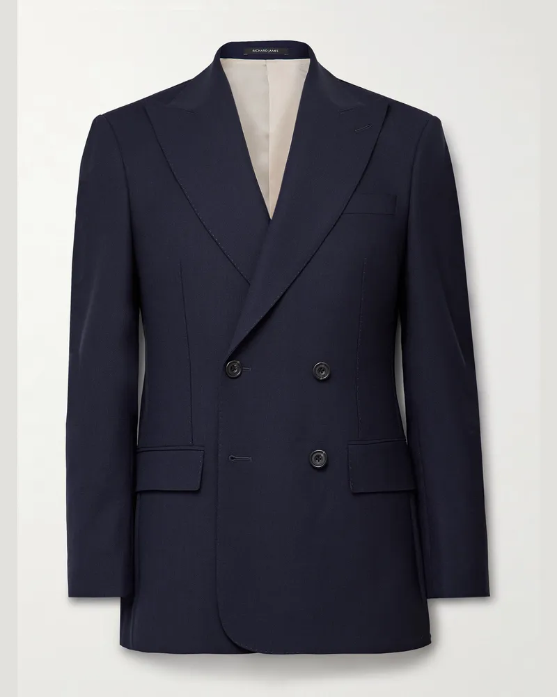 Richard James Hepworth Double-Breasted Grain de Poudre Wool Suit Jacket Blue