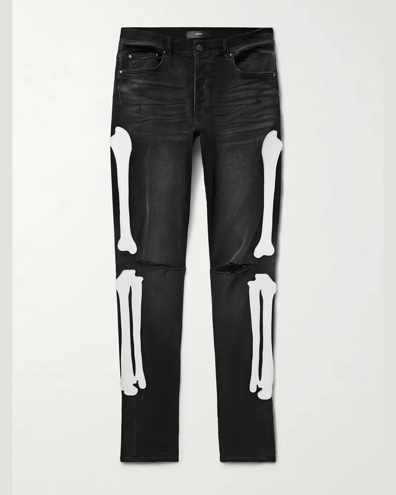 Amiri Bones Skinny-Fit Appliquéd Distressed Jeans Black