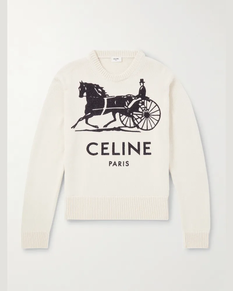 Celine Schmal geschnittener Pullover aus Kaschmir mit Intarsienlogomotiv Neutral