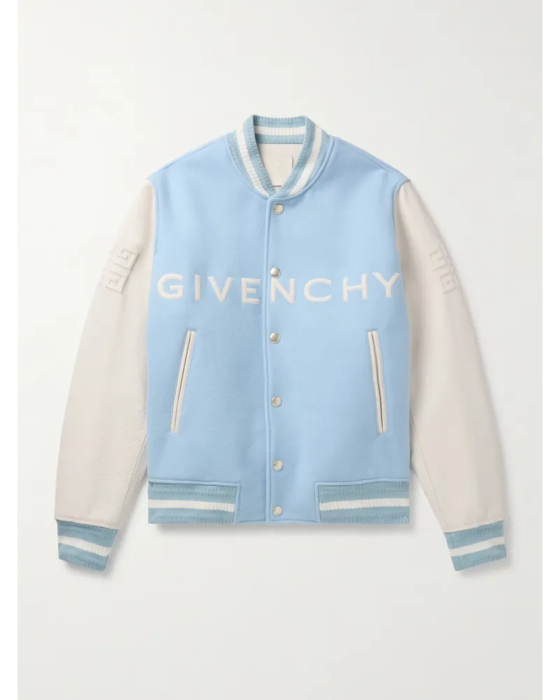 Givenchy Collegejacke aus einer Wollmischung und vollnarbigem Leder mit Logostickerei Blau