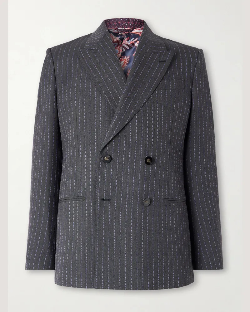 Etro Double-Breasted Logo-Embroidered Wool-Blend Jacquard Suit Jacket Gray
