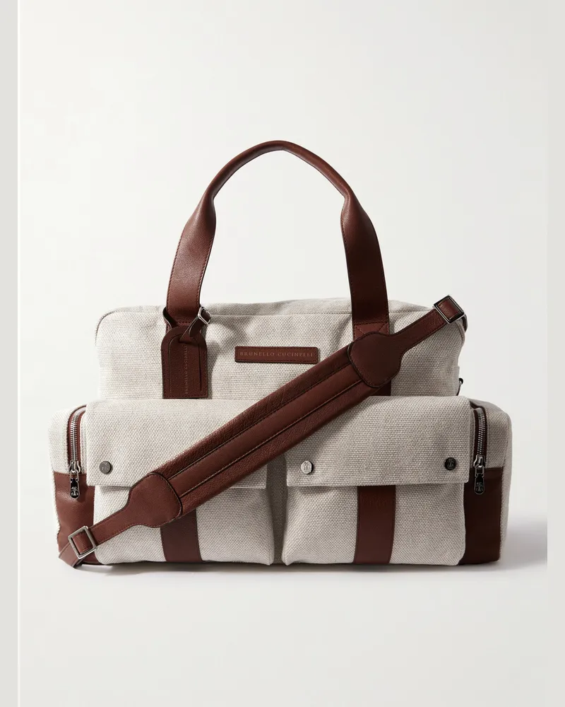 Brunello Cucinelli Leather-Trimmed Canvas Weekend Bag Neutrals
