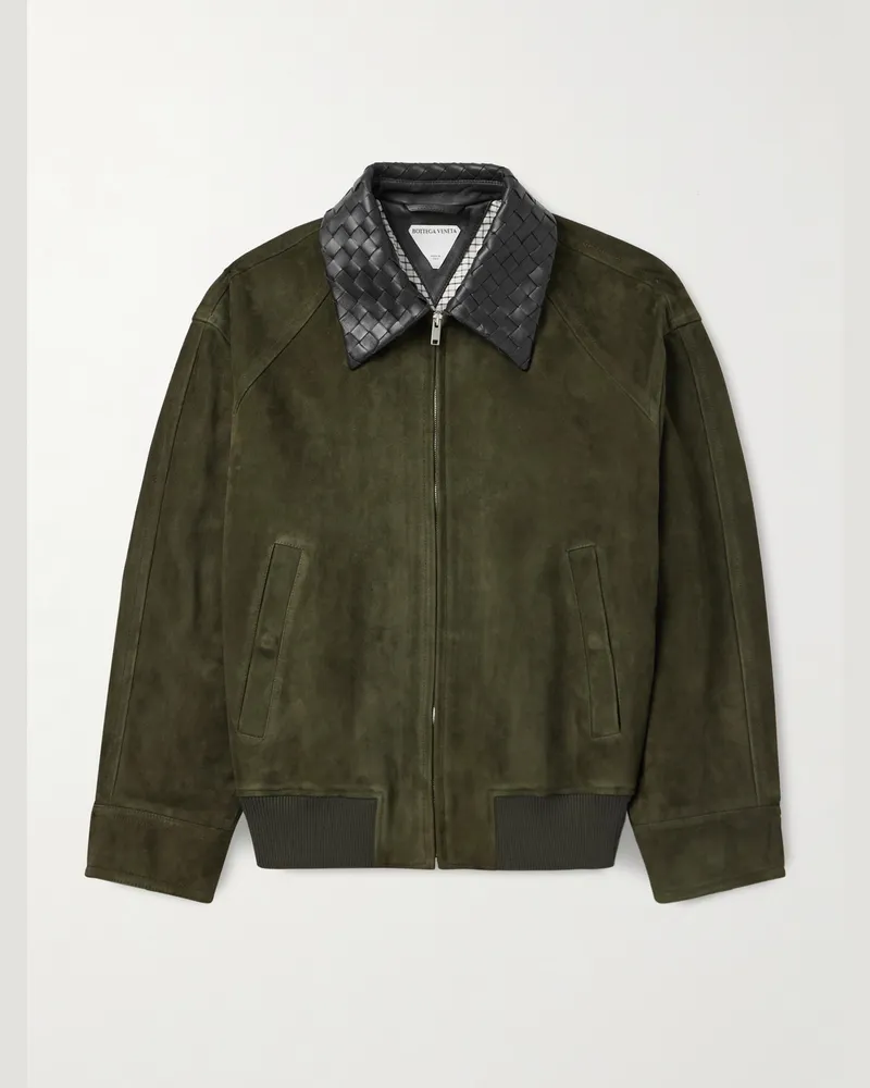 Bottega Veneta Intrecciato Leather-Trimmed Suede Bomber Jacket Green
