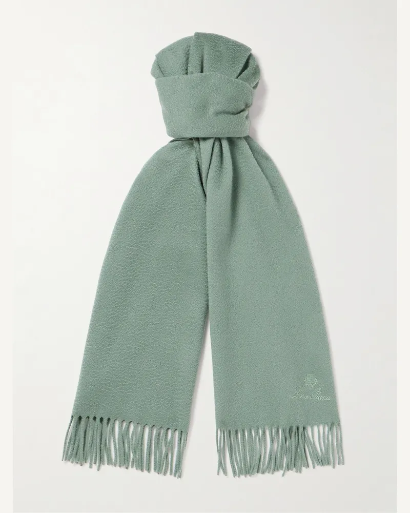 Loro Piana Schal aus Kaschmir mit Fransen und Logostickerei Grün