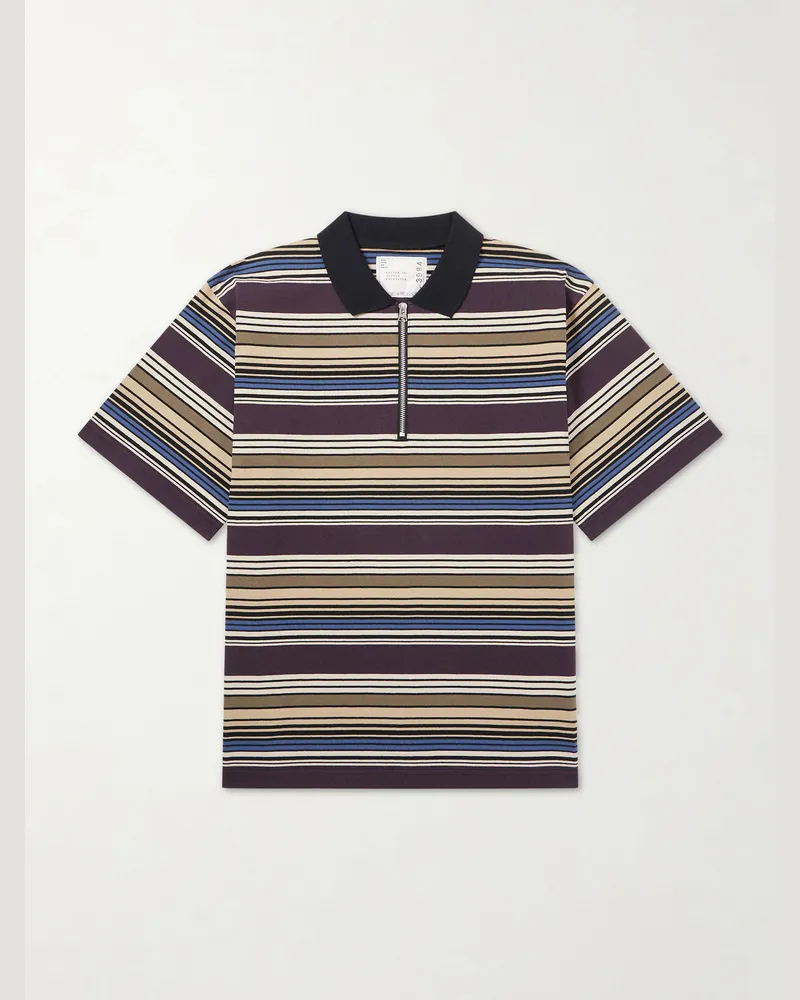 Sacai Striped Cotton-Jersey Half-Zip Polo Shirt Brown