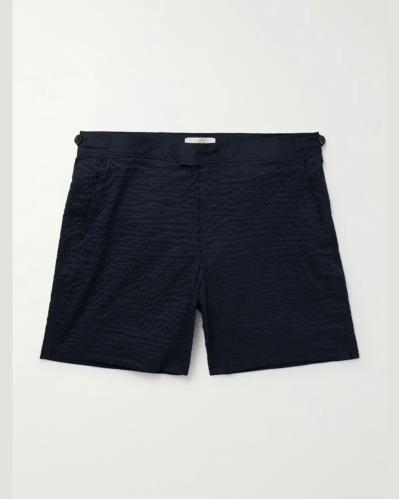 MR P. Gerade geschnittene mittellange Badeshorts aus Seersucker Blau
