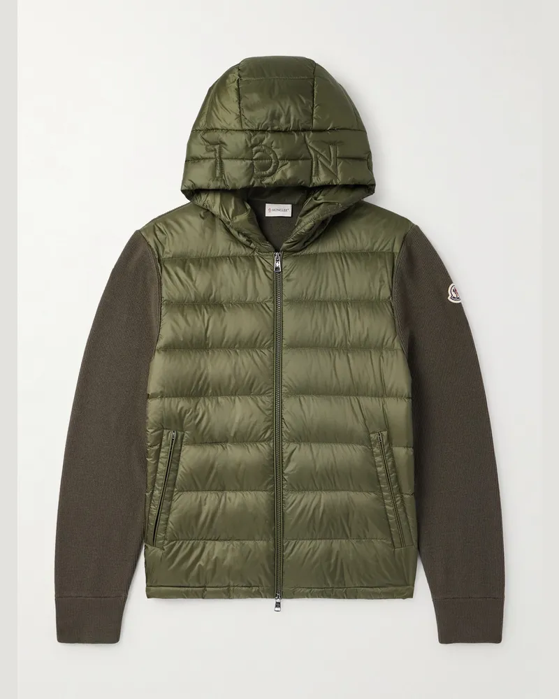 Moncler Cardigan aus Wolle und gestepptem Shell mit Daunenfüllung, Reißverschluss und Logoapplikation Grün