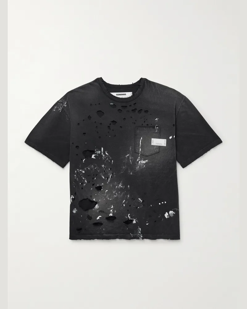 Neighborhood Savage Distressed Paint-Splattered Cotton-Jersey T-Shirt Black