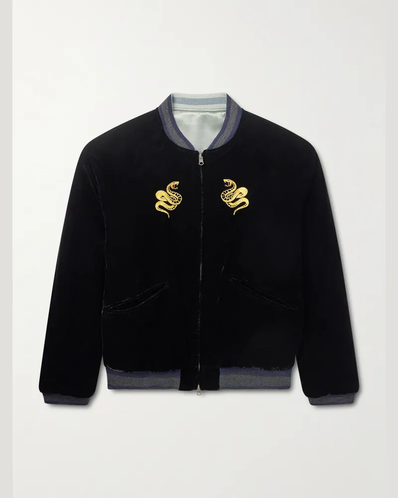 Blue Blue Japan Tora Ni Fuji Reversible Embroidered Velvet and Satin Bomber Jacket Black