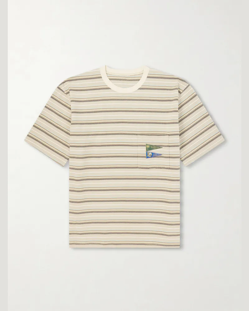 KAPITAL Logo-Appliquéd Striped Cotton-Jersey T-Shirt Neutrals