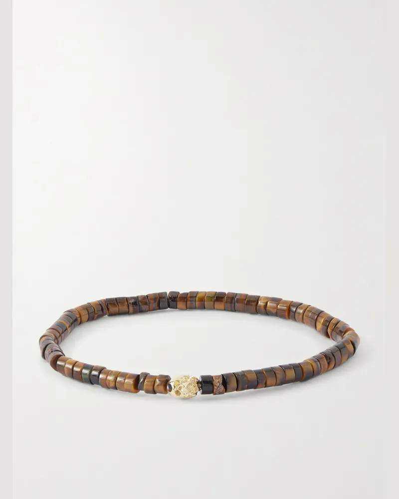 Luis Morais Armband mit Detail aus 14 Karat Gold, Zierperlen, Diamant und Tigeraugen Braun