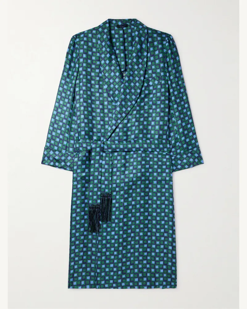 Charvet Morgenmantel aus bedrucktem Seiden-Twill mit Gürtel Blau