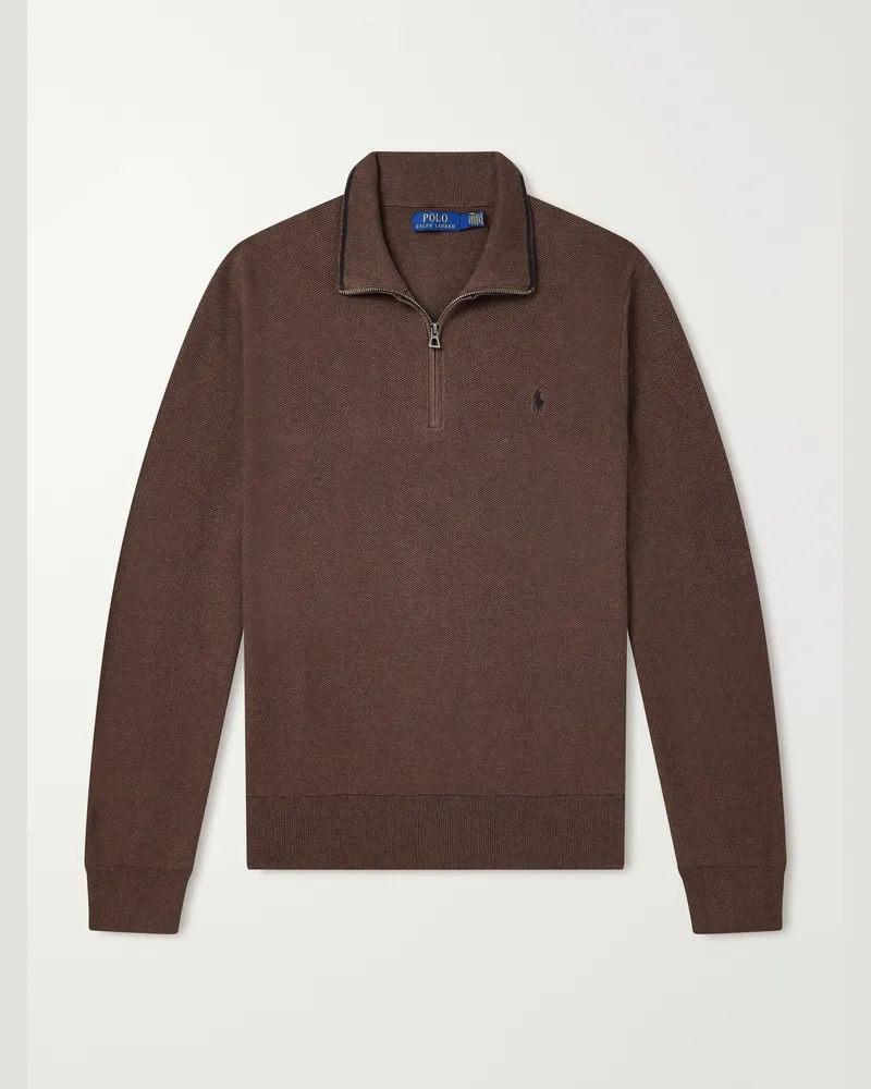 Ralph Lauren Logo-Embroidered Textured-Cotton Half-Zip Sweater Brown