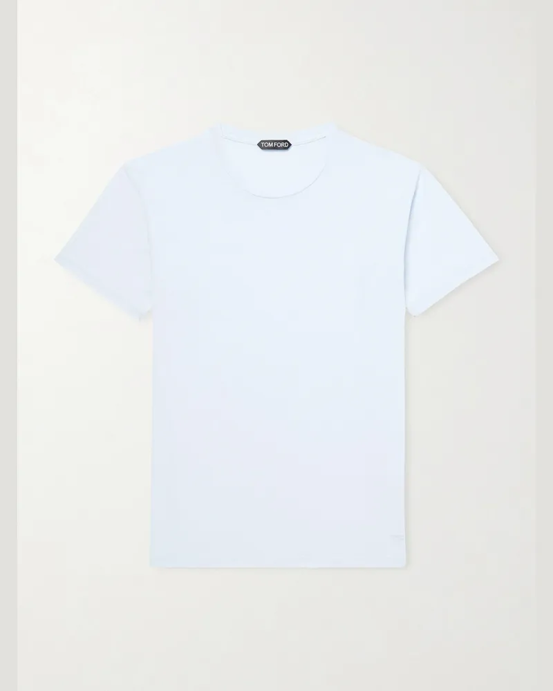 Tom Ford Schmal geschnittenes T-Shirt aus Jersey aus einer Baumwoll-Seidenmischung mit Logostickerei Blau