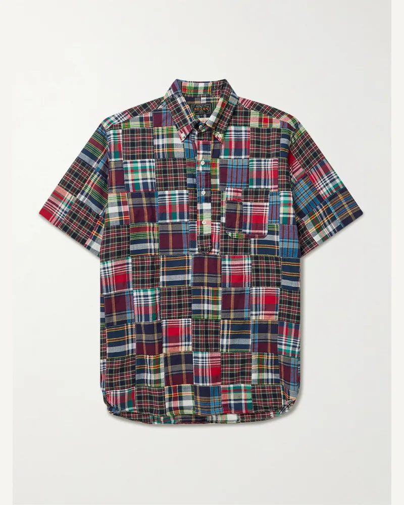 Beams Plus Patchwork-Hemd aus kariertem Baumwoll-Madras mit Button-Down-Kragen Schwarz