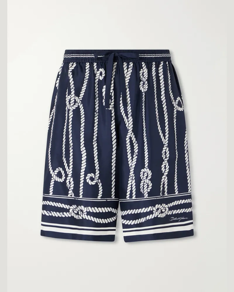 Dolce & Gabbana Marina Straight-Leg Printed Silk-Twill Drawstring Shorts Blue