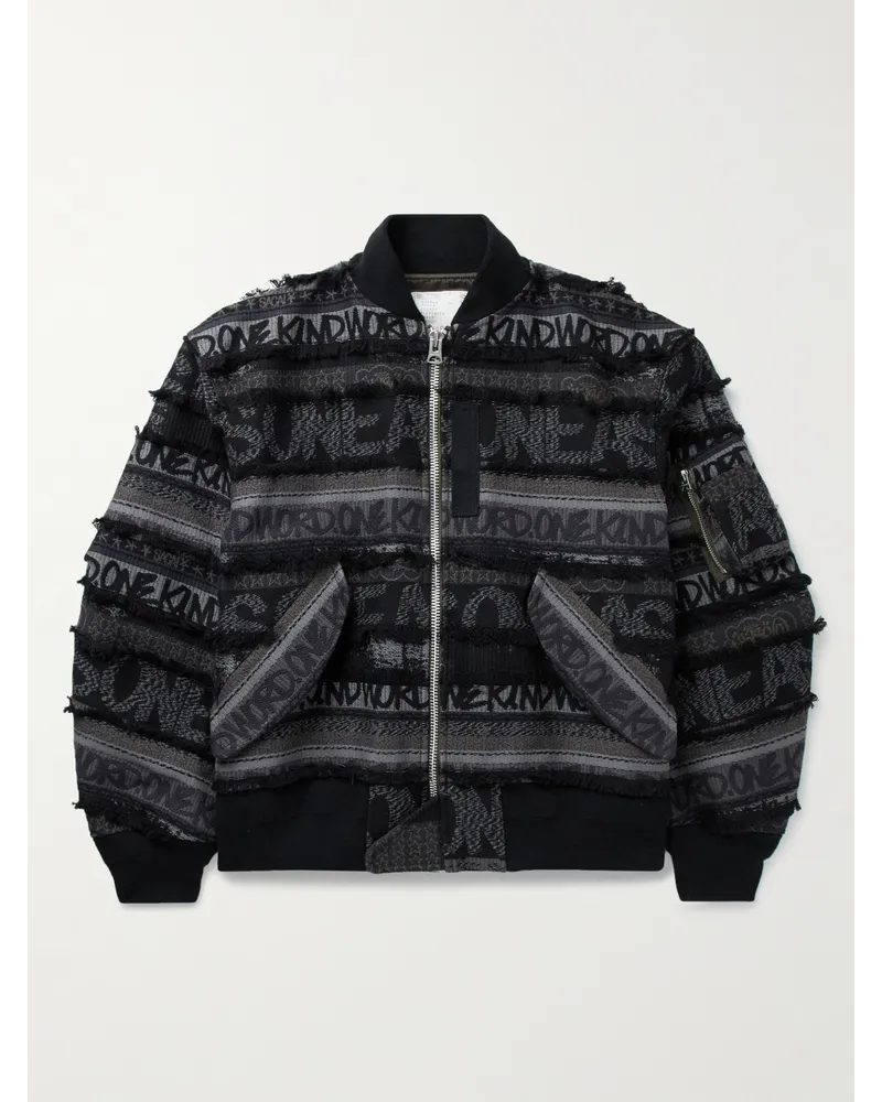 Sacai Eric Haze Bomberjacke aus wattiertem Baumwoll-Jacquard mit Fransen Schwarz