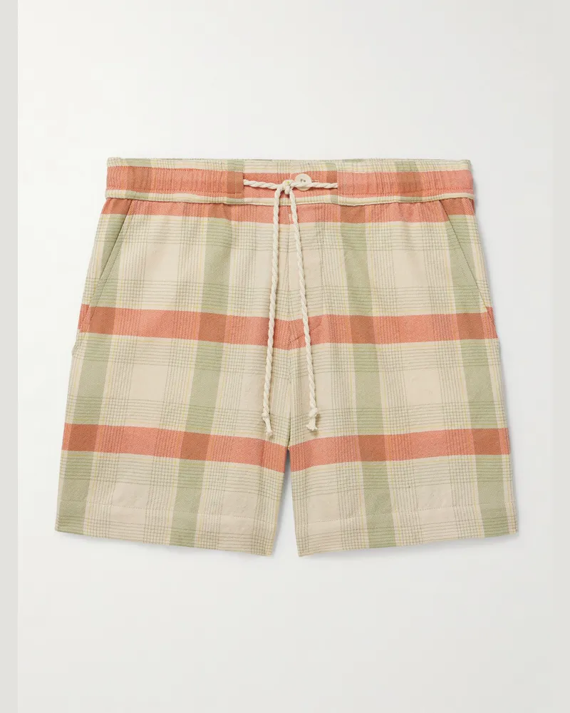 The Elder Statesman Straight-Leg Checked Cashmere and Wool-Blend Drawstring Shorts Green