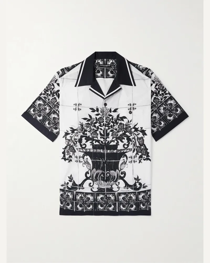 Dolce & Gabbana Mallorca Hemd aus bedruckter Baumwollpopeline mit Reverskragen Weiß