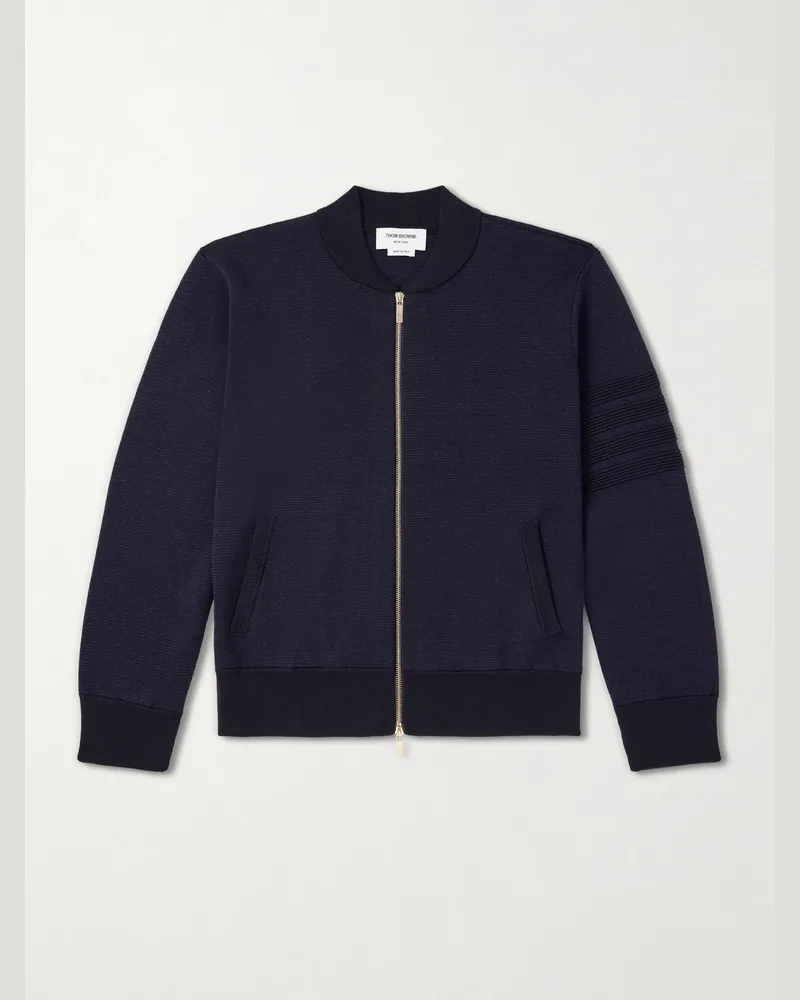 Thom Browne Striped Wool, Linen and Cotton-Blend Zip-Up Cardigan Blue
