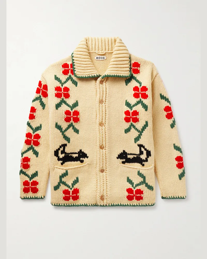 BODE Pirate Ship Intarsia Virgin Wool Cardigan Neutrals