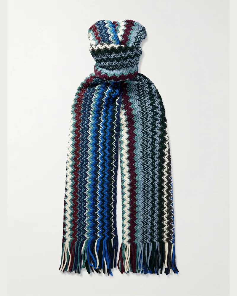 Missoni Fringed Jacquard-Knit Wool Scarf Blue
