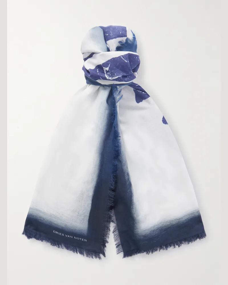 Dries van Noten Schal aus Baumwoll-Voile mit Print und Fransen Blau