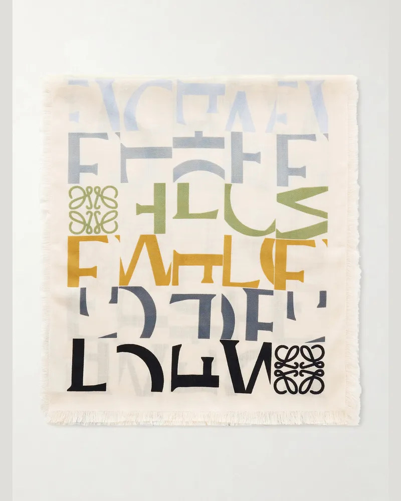 Loewe Fringed Logo-Print Wool, Silk and Cashmere-Blend Scarf Multi