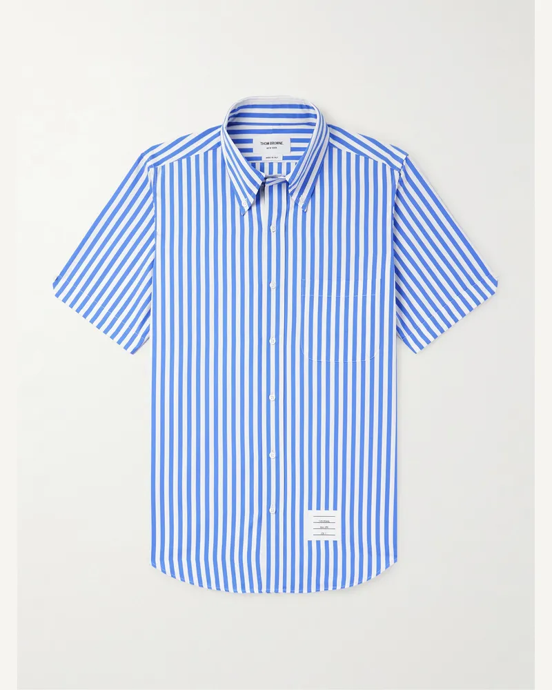 Thom Browne Gestreiftes Hemd aus Baumwollpopeline mit Button-Down-Kragen und Logoapplikation Blau