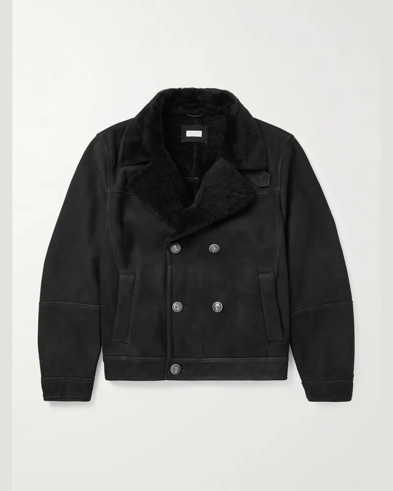 Brunello Cucinelli Doppelreihige Jacke aus Shearling Schwarz