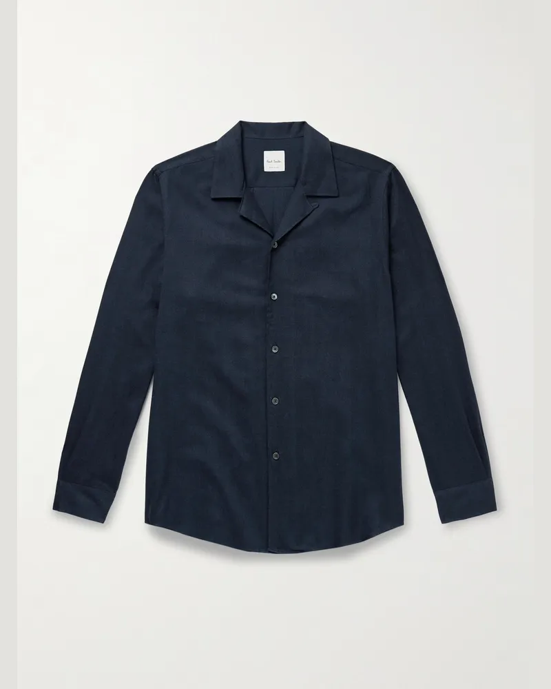 Paul Smith Hemd aus einer Baumwoll-Lyocell-Mischung mit Fischgratmuster und wandelbarem Kragen Blau