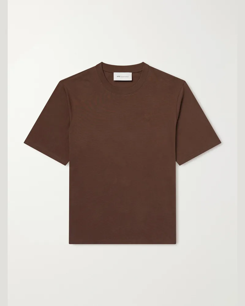 AMI Paris Logo-Embroidered Cotton-Jersey T-Shirt Brown