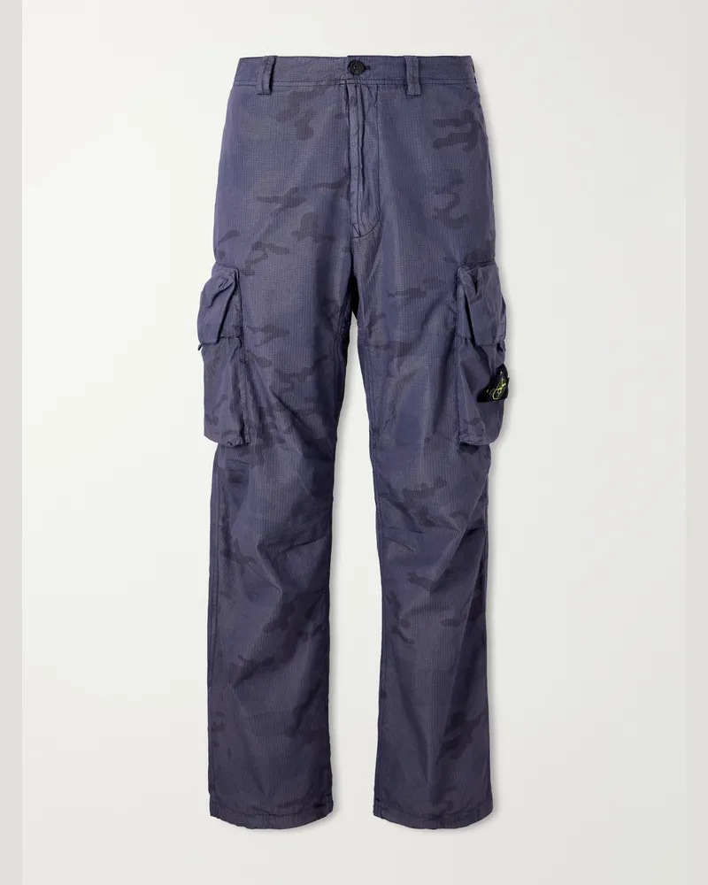 Stone Island Straight-Leg Camouflage-Print Cotton-Blend Ripstop Trousers Blue