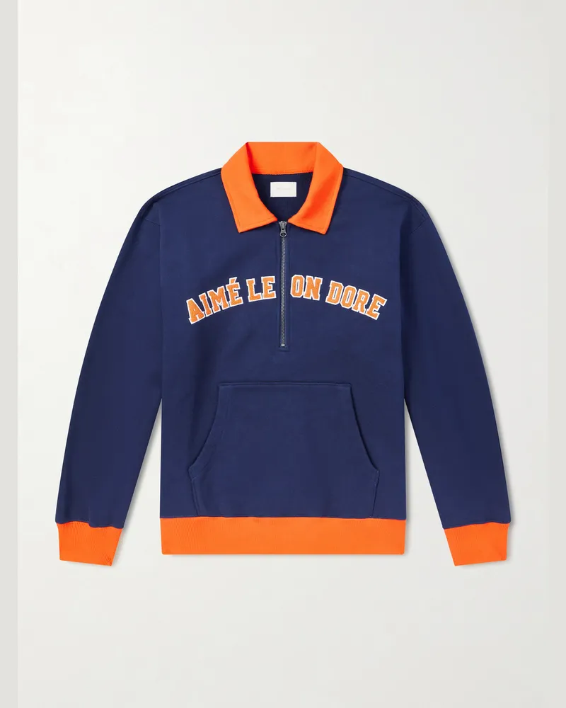Aimé Leon Dore Logo-Embroidered Cotton-Jersey Half-Zip Sweatshirt Blue