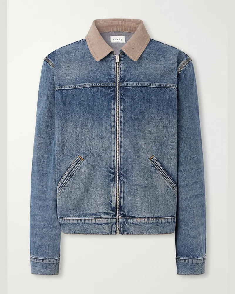 Frame Denim Corduroy Trimmed Cotton and Lyocell-blend Denim Jacket Blue