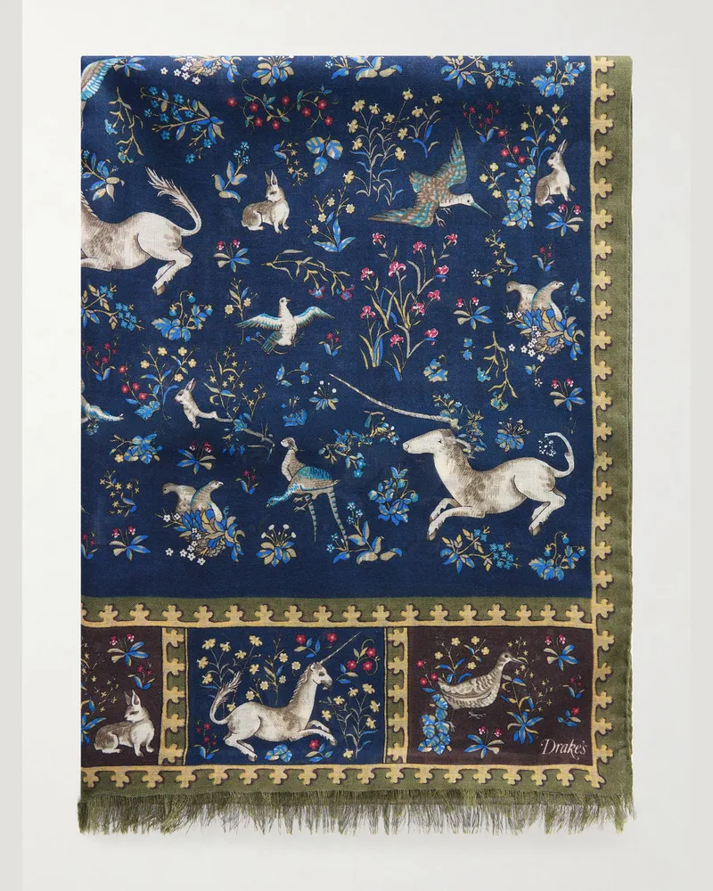 Drake's Fringed Printed Wool and Silk-Blend Scarf Blue