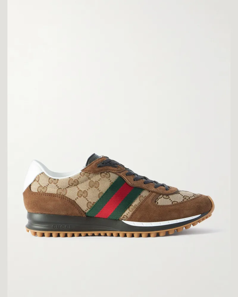 Gucci Re-Motion Webbing and Leather-Trimmed Logo-Jacquard Canvas and Suede Sneakers Brown