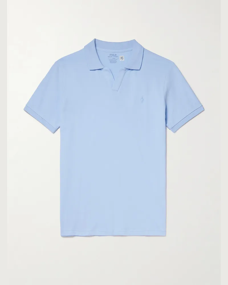Ralph Lauren Open-Collar Logo-Embroidered Cotton-Blend Piqué Polo Shirt Blue